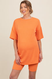 Orange Ribbed Maternity Biker Shorts Set