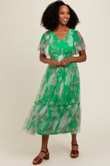 Green Leaf Print Mesh Smocked Midi Dress