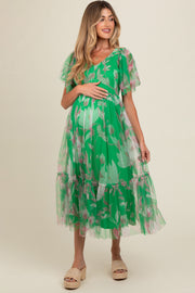 Green Leaf Print Mesh Smocked Maternity Midi Dress