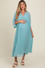 Blue Pleated V Neck Maternity Maxi Dress