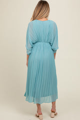 Blue Pleated V Neck Maternity Maxi Dress