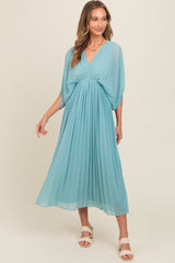 Blue Pleated V Neck Maternity Maxi Dress