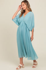 Blue Pleated V Neck Maxi Dress