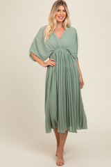 Light Olive Pleated V Neck Maternity Maxi Dress