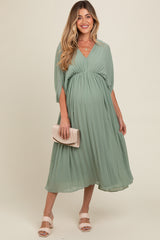 Light Olive Pleated V Neck Maternity Maxi Dress