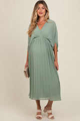 Light Olive Pleated V Neck Maternity Maxi Dress