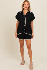 Black Contrast Stitch Button Down Maternity Shorts Set