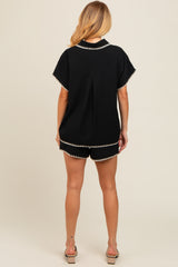 Black Contrast Stitch Button Down Shorts Set