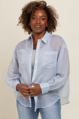 Light Blue Sheer Striped Maternity Button Down Blouse