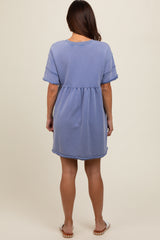 Blue Raw Hem Maternity Short Sleeve Dress