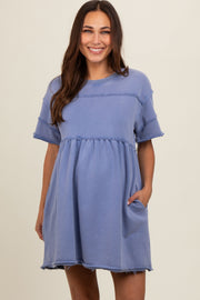 Blue Raw Hem Maternity Short Sleeve Dress