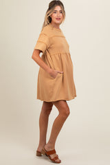 Camel Raw Hem Maternity Short Sleeve Dress