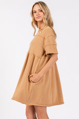 Camel Raw Hem Short Sleeve Dress