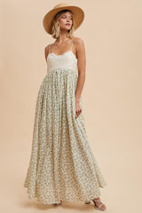 Green Floral Lace Contrast Maxi Dress