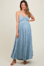 Blue Floral Pleated Back Cutout Maternity Maxi Dress