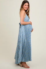 Blue Floral Pleated Back Cutout Maternity Maxi Dress