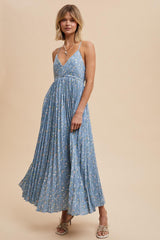 Blue Floral Pleated Back Cutout Maxi Dress