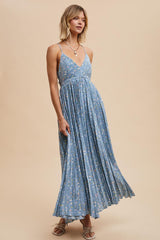 Blue Floral Pleated Back Cutout Maxi Dress