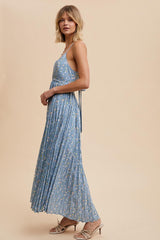 Blue Floral Pleated Back Cutout Maxi Dress