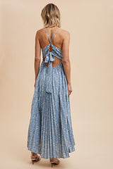 Blue Floral Pleated Back Cutout Maxi Dress