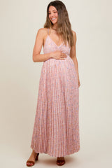 Light Pink Floral Pleated Back Cutout Maternity Maxi Dress