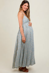 Blue Floral Pleated Cutout Back Maternity Maxi Dress