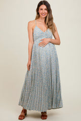 Blue Floral Pleated Cutout Back Maternity Maxi Dress