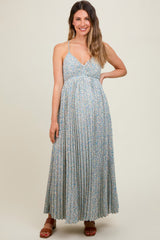 Blue Floral Pleated Cutout Back Maternity Maxi Dress