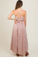 Coral Floral Pleated Cutout Back Maternity Maxi Dress