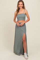 Grey Smocked Crop Top And Maxi Skirt Set