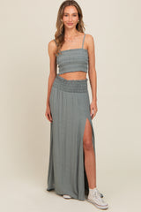 Grey Smocked Crop Top And Maxi Skirt Set