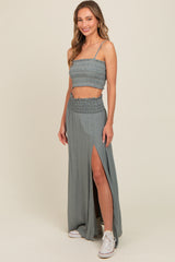 Grey Smocked Crop Top And Maxi Skirt Set