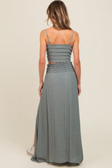 Grey Smocked Crop Top And Maxi Skirt Set