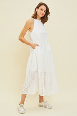 White Sleeveless Drop Waist Eyelet Dress