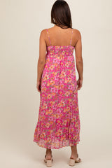 Pink Floral Pleated Maternity Maxi Dress