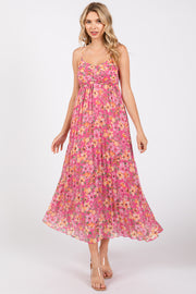 Pink Floral Pleated Maxi Dress