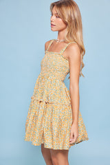 White Orange Floral Print Smock Ruffle Mini Babydoll Dress