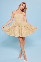 White Orange Floral Print Smock Ruffle Mini Babydoll Dress