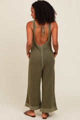 Light Olive Waffle Knit Wide Leg Jumpsuit