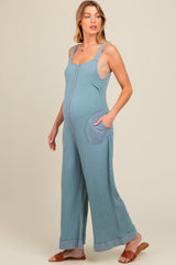 Blue Waffle Knit Wide Leg Maternity Jumpsuit