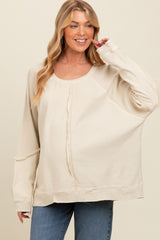 Beige Mixed Knit Raw Hem Maternity Pullover Top