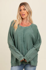 Forest Green Mixed Knit Raw Hem Pullover Top