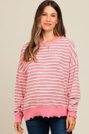 Pink Striped Ruffle Hem Maternity Long Sleeve Top