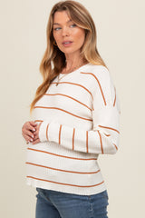 Cream Striped Ribbed Knit Long Sleeve Maternity Top