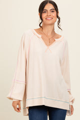 Cream Split Neck Oversized Long Sleeve Top