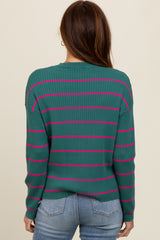 Teal Striped Ribbed Knit Long Sleeve Top