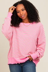 Pink Striped Ruffle Hem Long Sleeve Top