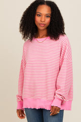 Pink Striped Ruffle Hem Long Sleeve Top