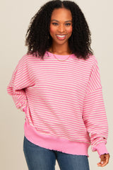 Pink Striped Ruffle Hem Long Sleeve Top