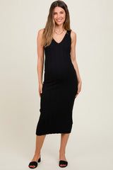 Black V Neck Sleeveless Knit Maternity Midi Dress